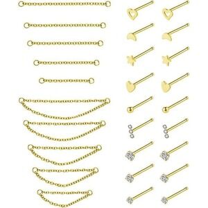 Gold Nose Piercing Studs Set Stainless Steel Nose Rings Chain Piercings 19pcs